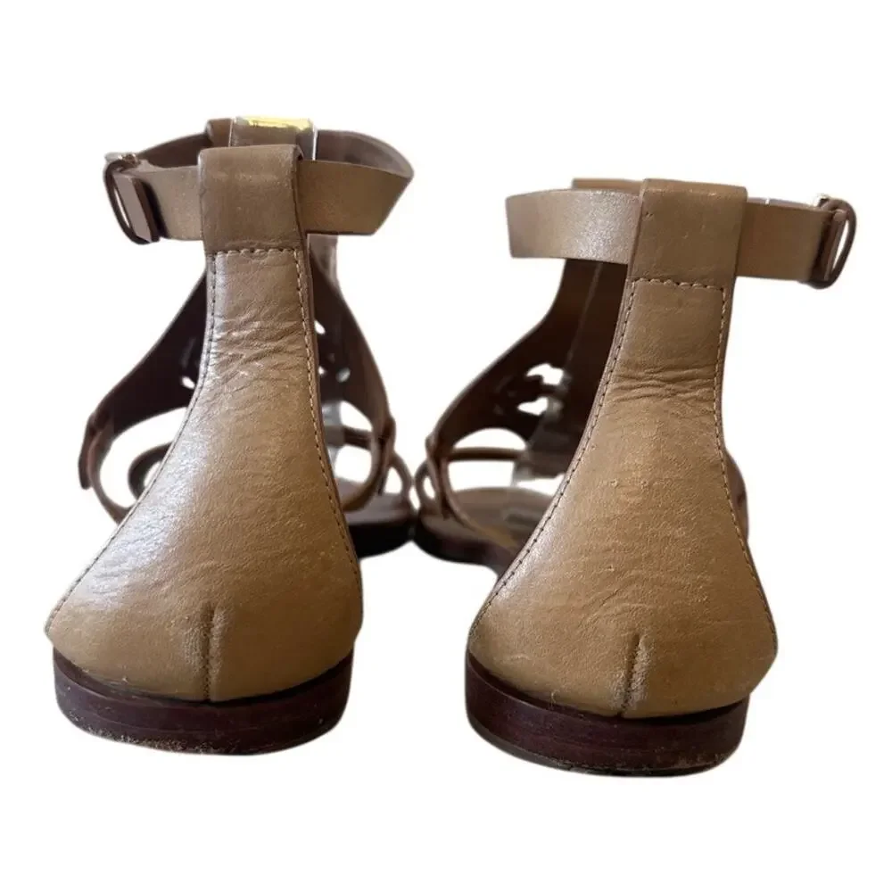 Tory Burch Zoey Leather Sandals Tan Cutout Logo Flat Size‎ 8